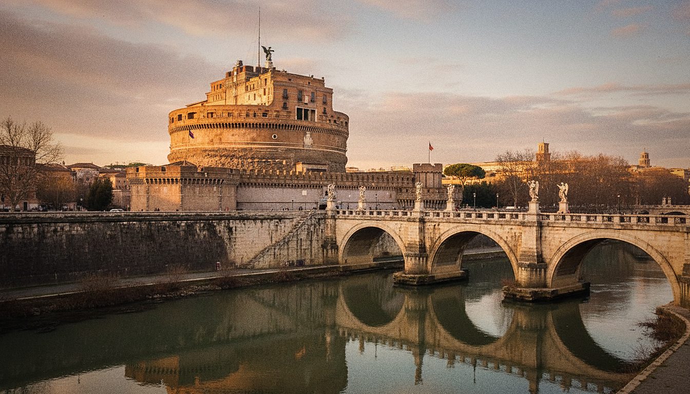 El Castillo de Sant'Angelo de Roma visto desde el Tíber con el puente de los ángeles delante