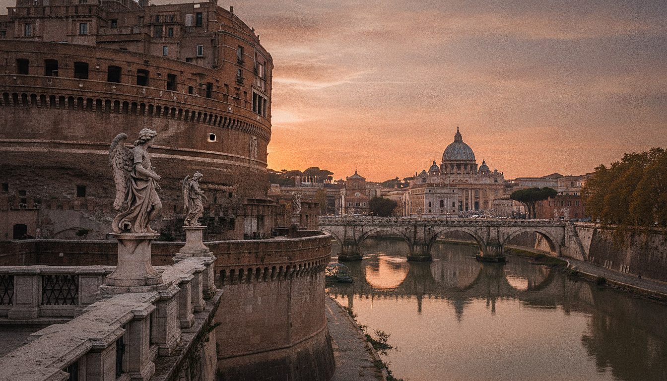 El Castillo de Sant'Angelo y la cúpula de San Pedro al atardecer, vistos desde el puente de los ángeles